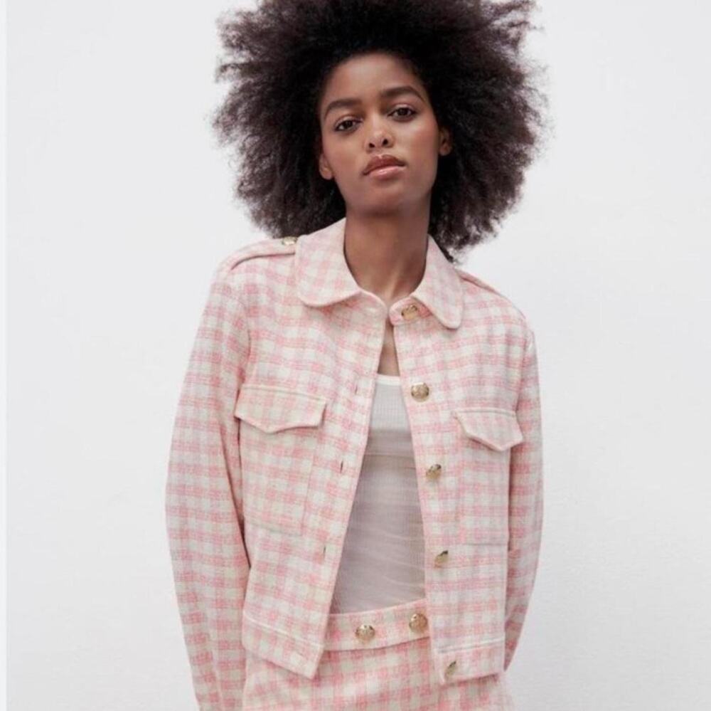 ZARA Plaid Check Tweed Cropped Jacket Women Size M Pink Textured Shacket
